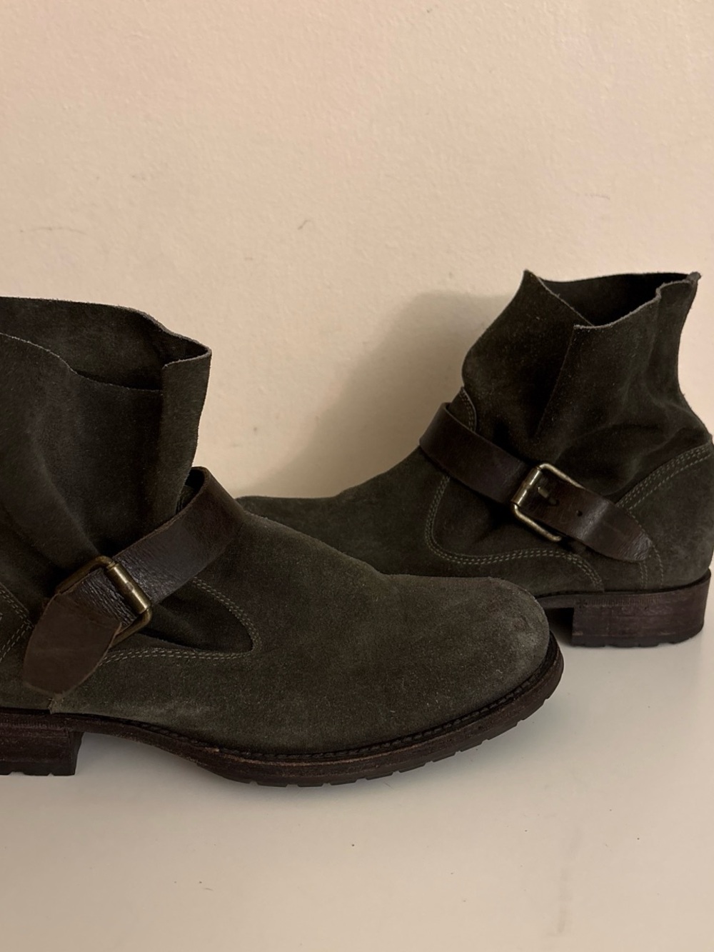 n.d.c. Olive Green Suede Moto Ankle Bootsmade by hand real suede pure leather 7